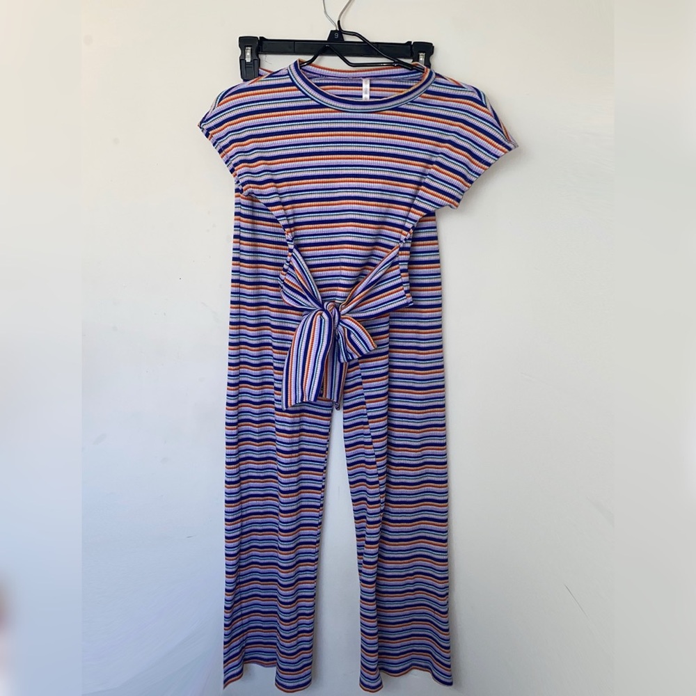 Retro Blue striped Wrap waist top and wide leg set